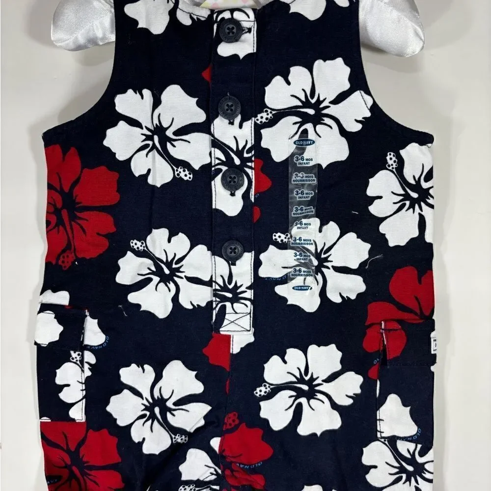 Romper Black with red and White Hibiscus flowers